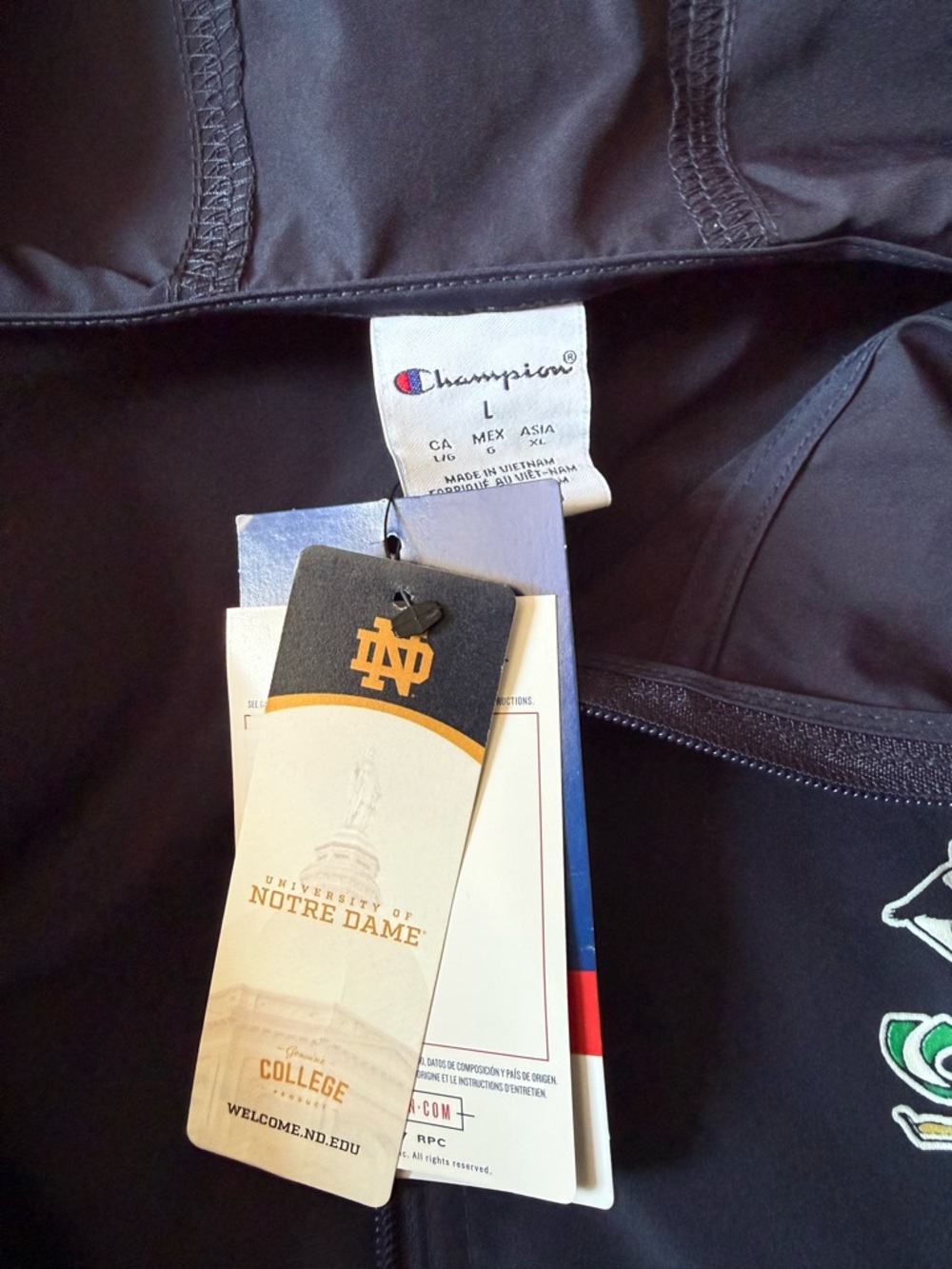 Notre dame champion Navy Jacket with Green Embroidered Notre Dame logo - Picture 2 of 6